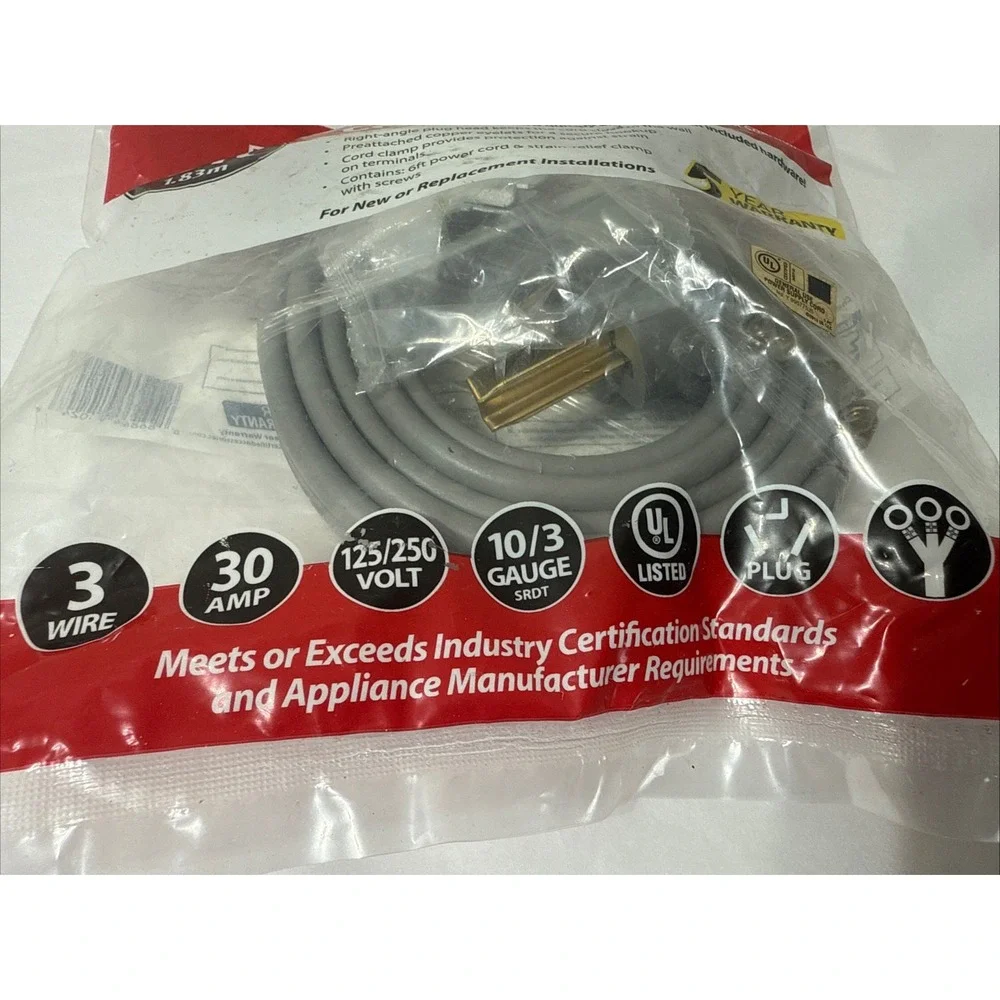 Certified Appliance Accessories 90-1024 Electric‎ Dryer Cord Gray 6ft New